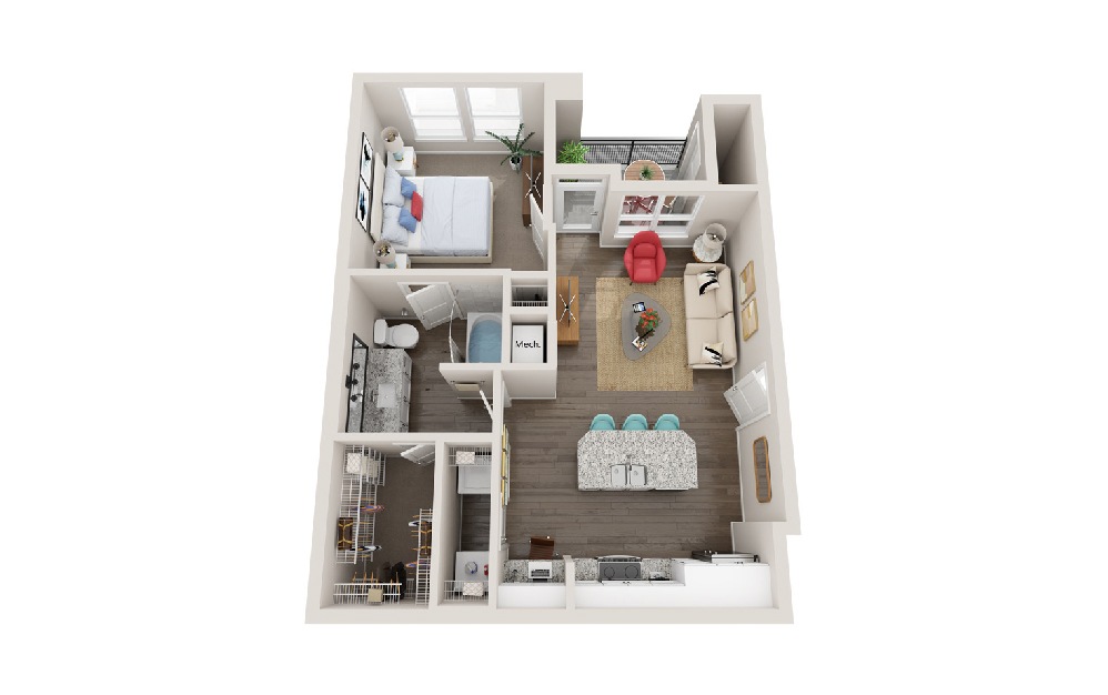A1 - 1 bedroom floorplan layout with 1 bath and 638 square feet. (3D)