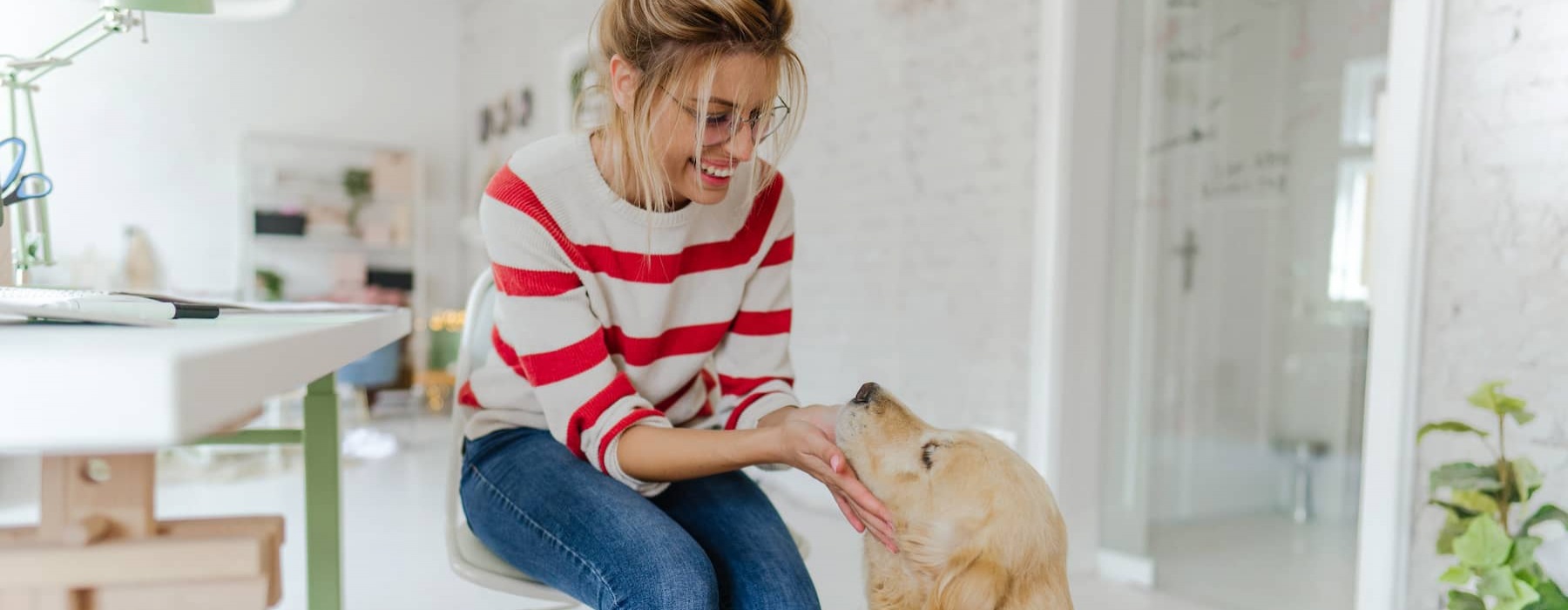 lifestyle image of a woman petting her pet in a bright living area